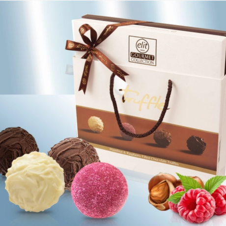 Trüffel "Haselnut and Raspberry" mit Haselnuss und Himbeerfüllung in Geschenkverpackung und Geschenktüte 252 g