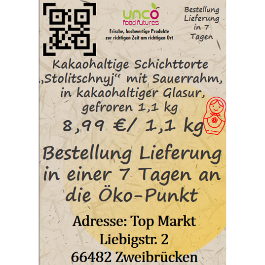 Kakaohaltige Schichttorte "Stolitschnyj" mit Sauerrahm, in kakaohaltiger Glasur, gefroren 1,1 kg