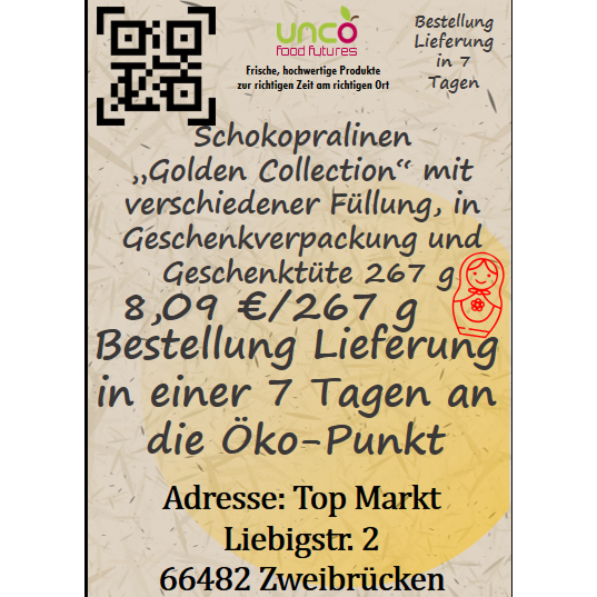 Schokopralinen "Golden Collection" mit verschiedener Füllung, in Geschenkverpackung und Geschenktüte 267 g